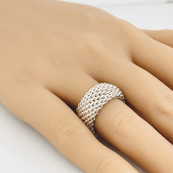 Size 7 Tiffany & Co Somerset Mesh Weave Ring Flexible Dome Unisex in Silver