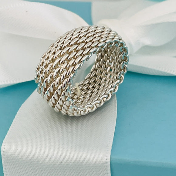 Size 7 Tiffany & Co Somerset Mesh Weave Ring Flexible Dome Unisex in Silver