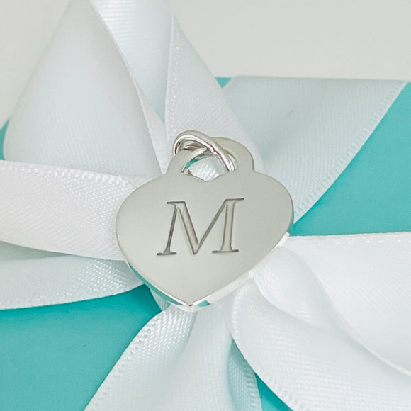 Tiffany Silver Letter M Alphabet Initial Heart Notes Engraved Charm Pendant