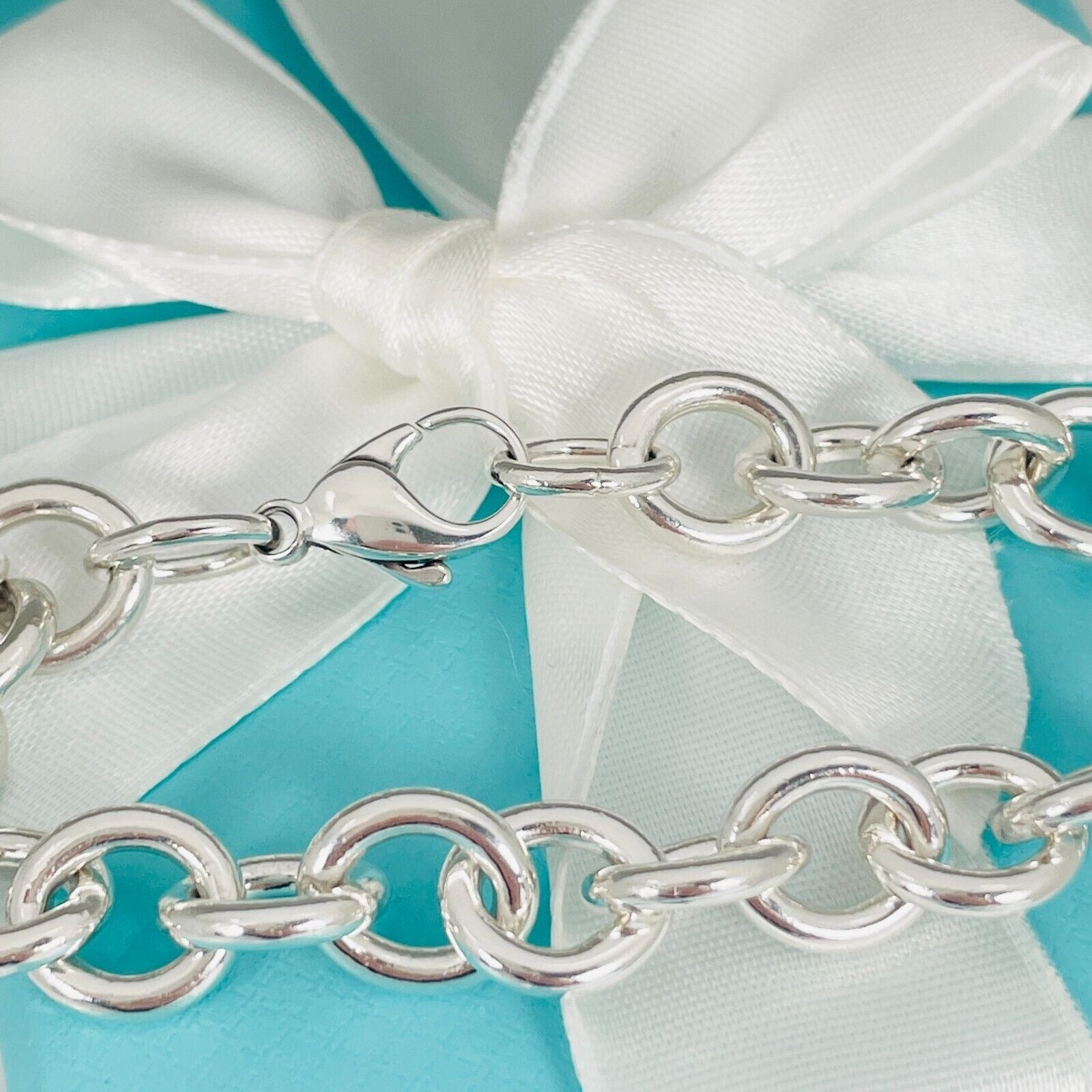 Large 8.5" Return to Tiffany Blue Enamel Heart Tag Charm Bracelet in Silver