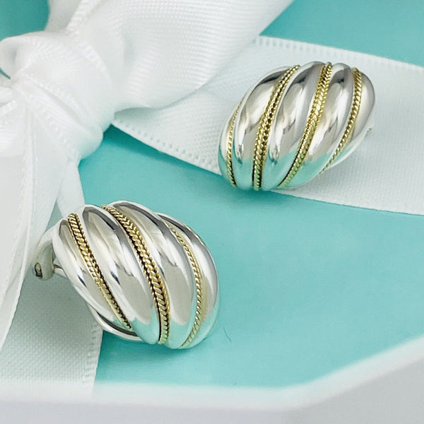 Tiffany Shell Dome Earrings in Sterling Silver and Yellow Gold Twist Clipon - 1