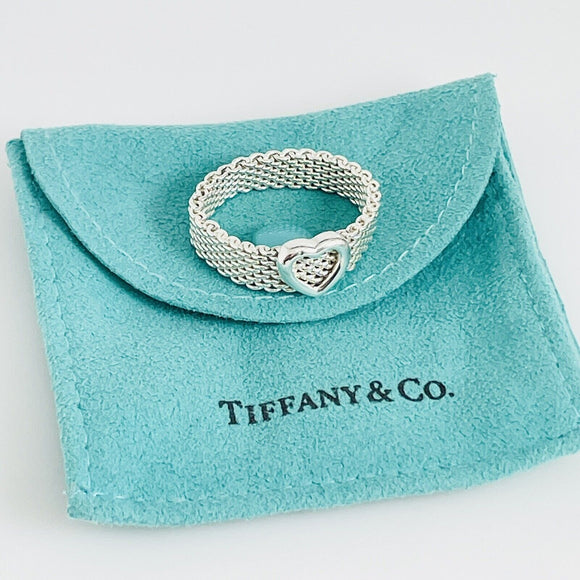Size 8.5 Tiffany & Co Somerset Heart Ring Mesh Weave Flexible Sterling Silver