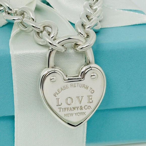 18" Please Return to Tiffany Love Heart Charm Pendant Padlock Lock Rolo Necklace
