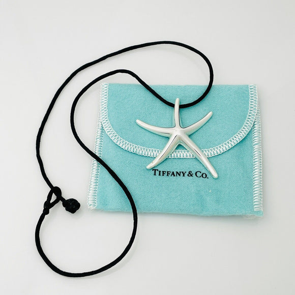 Tiffany Starfish Pendant Extra Large by Elsa Peretti Silver Black Silk Necklace