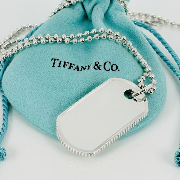 30" Tiffany & Co Mens Coin Edge ID Dog Tag Bead Chain Necklace