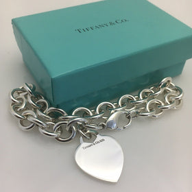 8.75" Large Tiffany & Co Sterling Silver Blank Heart Tag Charm Bracelet Blue Box - 0