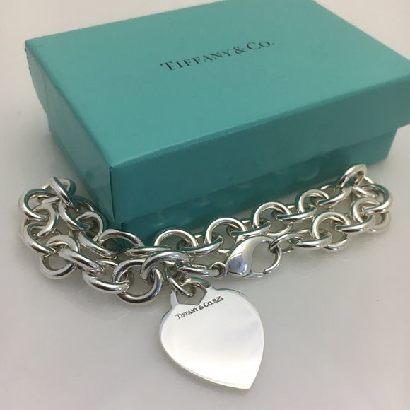 8.75" Large Tiffany & Co Sterling Silver Blank Heart Tag Charm Bracelet Blue Box