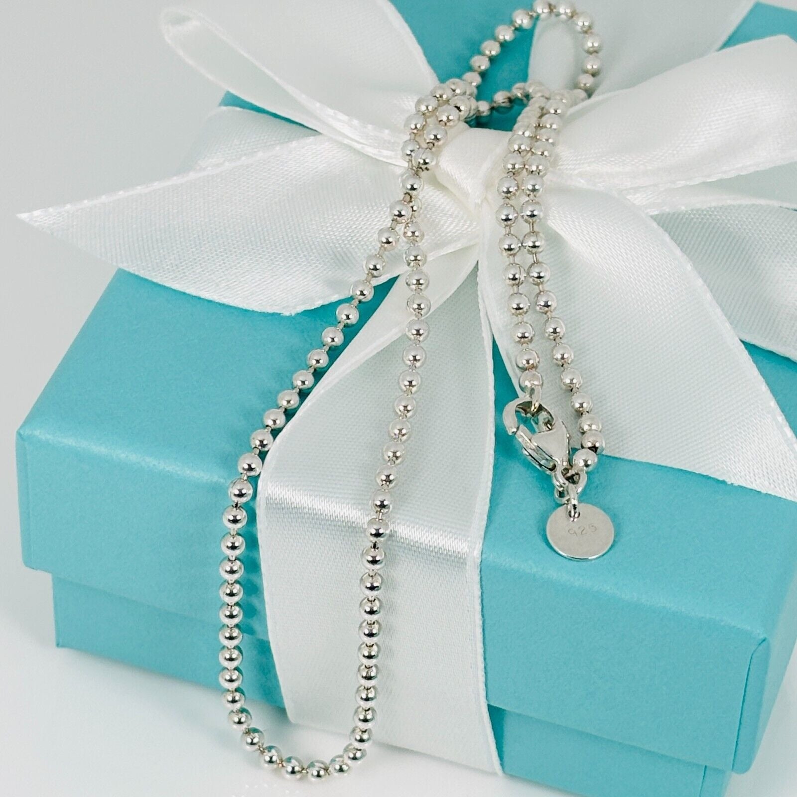16" Tiffany & Co Bead Necklace Dog Chain with Lobster Clasp 2.3mm Beads Silver