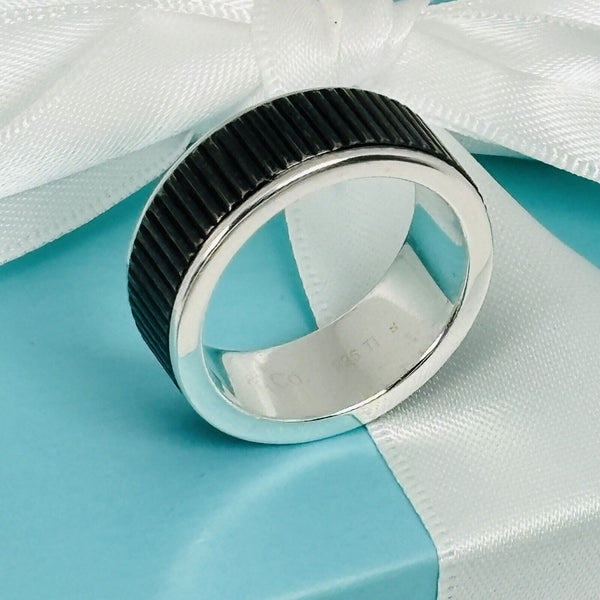 Size 9 Tiffany & Co Midnight Black Coin Edge Titanium and Silver Ring - 1
