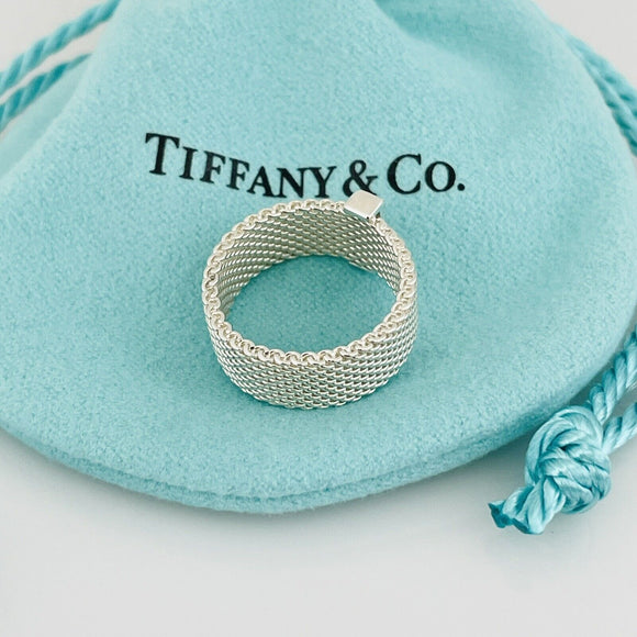 Size 4.5 Tiffany & Co Somerset 4 Diamond Ring Mesh Weave in Sterling Silver