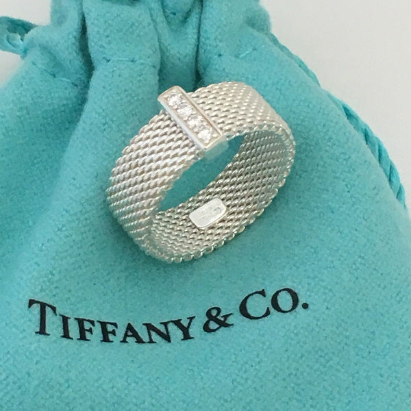 Size 6.5 Tiffany Somerset 4 Diamond Mesh Weave Band Ring in Sterling Silver - 5