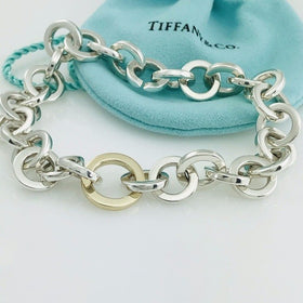 Large 8.5" Tiffany Mens Silver and Gold Circle Round Link Bracelet