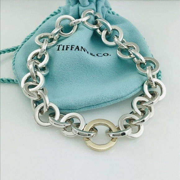 Large 8.5" Tiffany Mens Silver and Gold Circle Round Link Bracelet