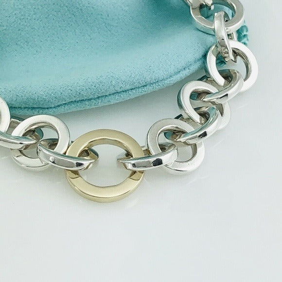 Large 8.5" Tiffany Mens Silver and Gold Circle Round Link Bracelet