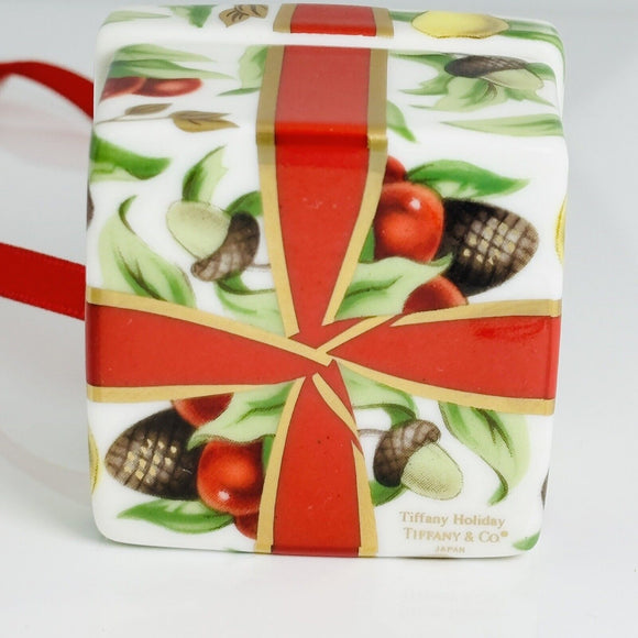 Tiffany Holiday Gift Box and Bow Christmas Holiday Ornament Bone China Porcelain