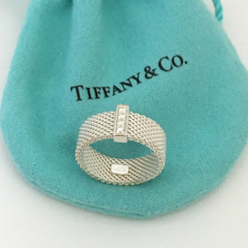 Size 7.5 Tiffany Somerset 4 Diamond Mesh Weave Band Ring in Sterling Silver - 0