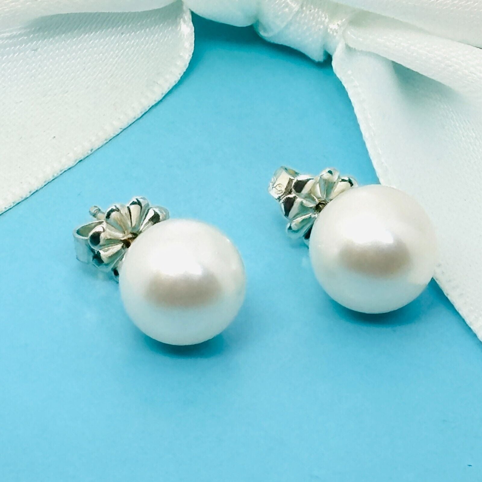 Tiffany CO Ziegfeld 9mm Pearl Bead Stud Earrings The Silver Trove