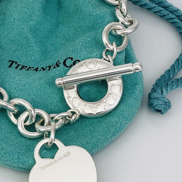 Large Tiffany & Co Sterling Silver Blank Heart Tag Toggle Charm Bracelet