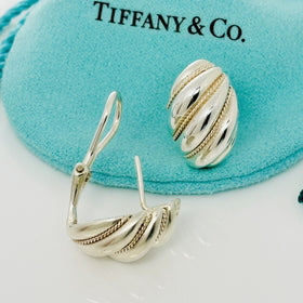 Tiffany Shell Dome Earrings in Sterling Silver and Yellow Gold Twist Omega Back