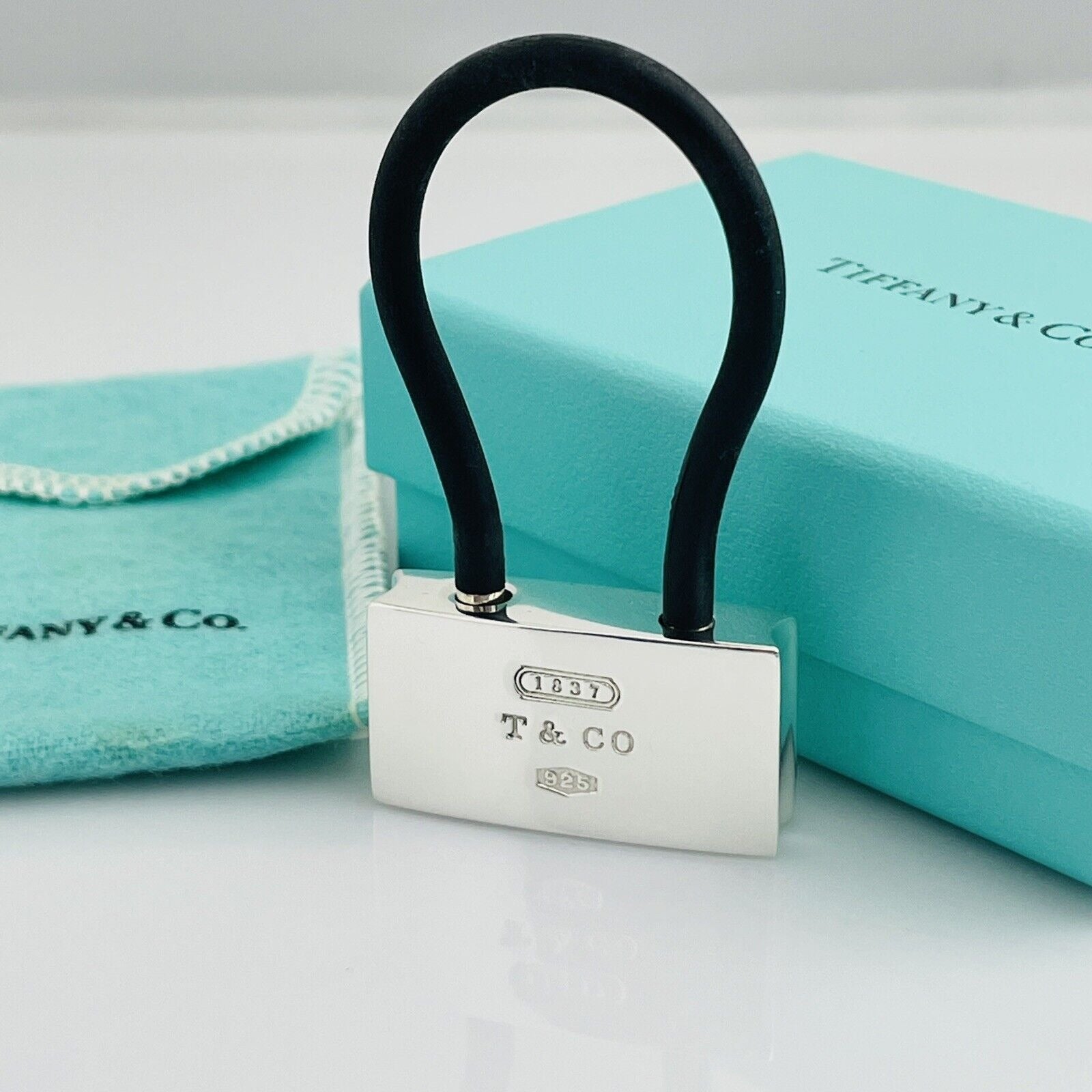 Tiffany & Co 1837 Padlock Black Rubber Key Ring Chain in 925