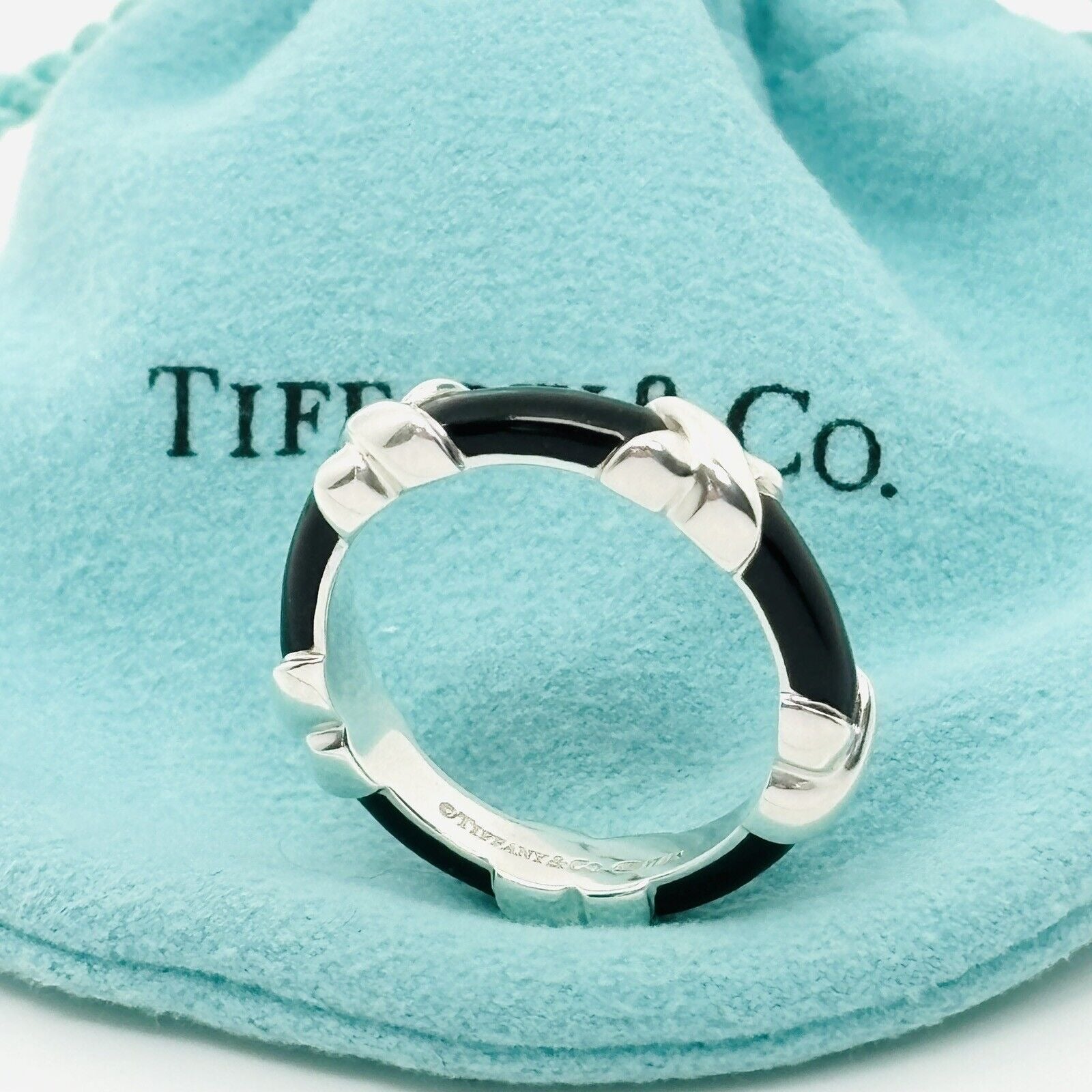 Size 5.5 Tiffany Signature X Kiss Ring in Black Enamel and Sterling Silver