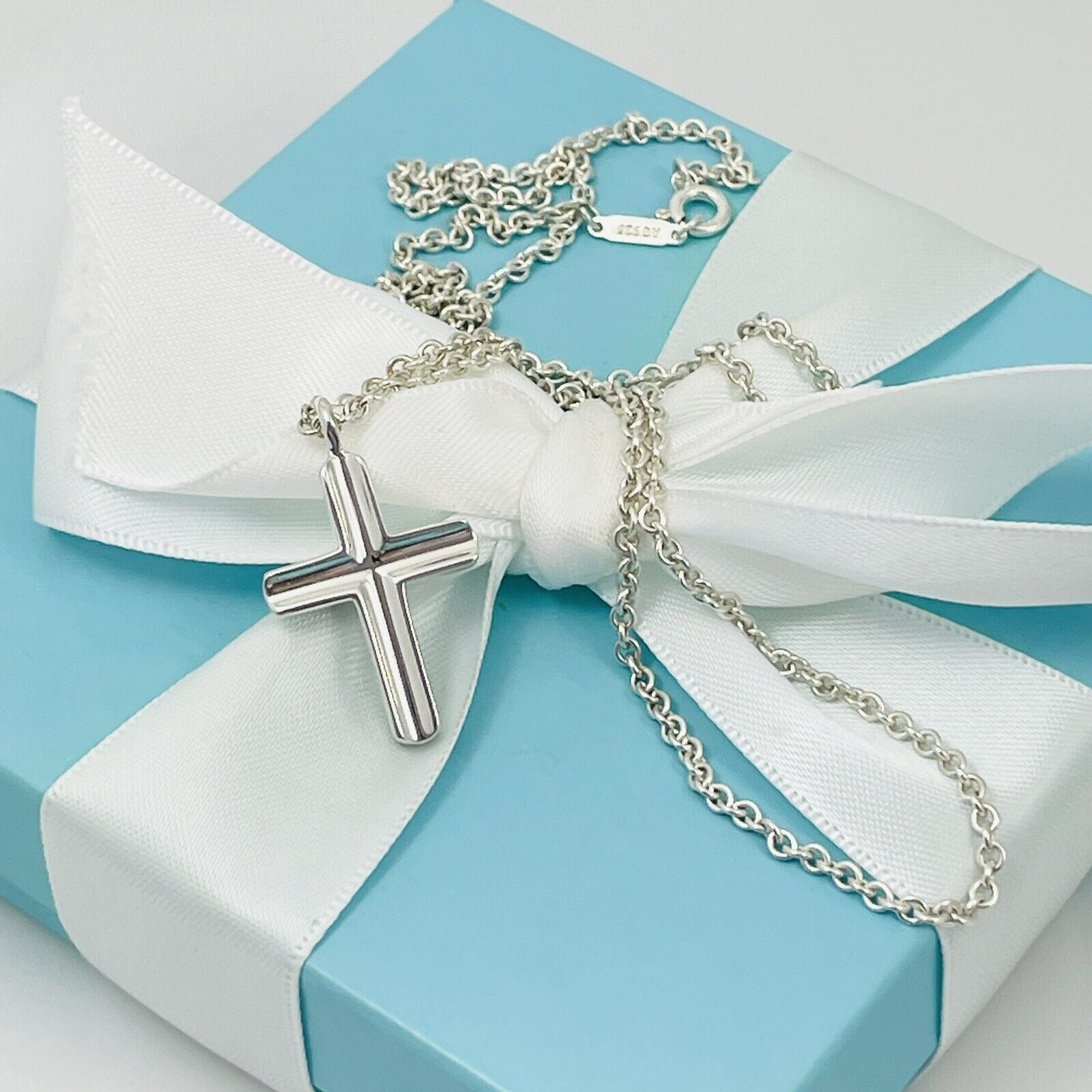 24 inch Tiffany Mens Unisex Cross Large Link Necklace in Concave Sterling Silver