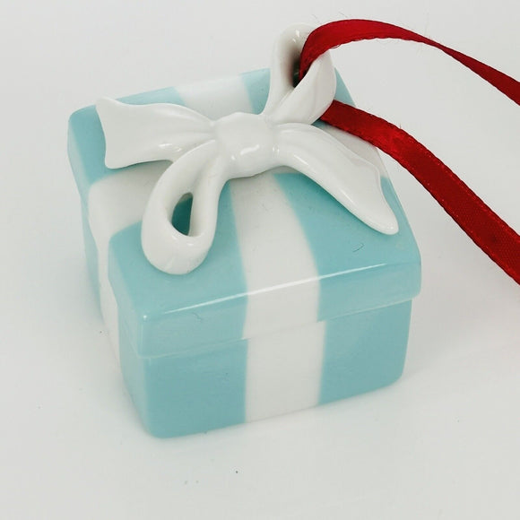 Tiffany Blue Gift Box and Bow Christmas Holiday Ornament Bone China Porcelain