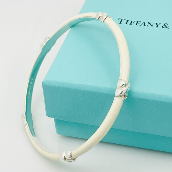 7.75" Tiffany Signature X Bangle Bracelet in White Ivory Cream Enamel 925 Silver - 4
