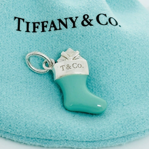 Tiffany & Co Christmas Stocking Sock Charm in Blue Enamel and Silver