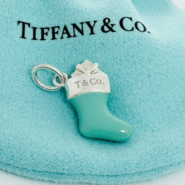 Tiffany & Co Christmas Stocking Sock Charm in Blue Enamel and Silver - 1
