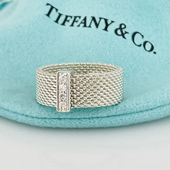 Size 4.5 Tiffany & Co Somerset 4 Diamond Ring Mesh Weave in Sterling Silver
