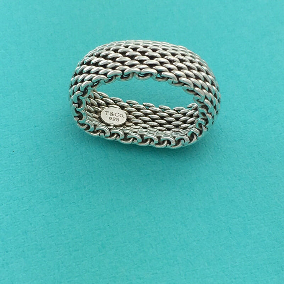 Size 8 Tiffany & Co Mens Unisex Silver Somerset Mesh Weave Flexible Dome Ring