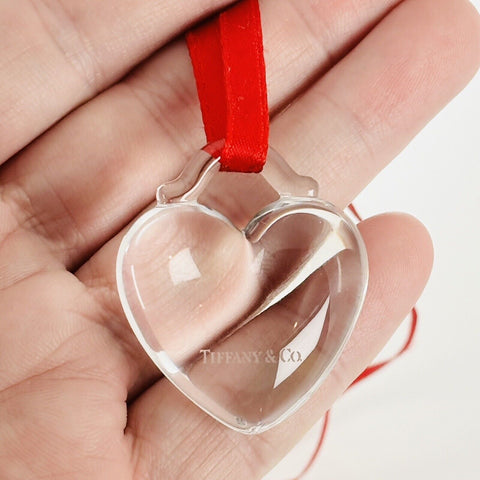 Tiffany Crystal Heart Christmas Holiday Ornament with Red Ribbon - 0