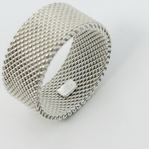Size 7.5 Tiffany & Co Somerset Mesh Weave Firm Solid Ring in 925 Sterling Silver