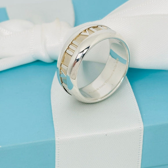 Size 7.5 Tiffany Wide Atlas Roman Numerals Mens Unisex Ring in Sterling Silver