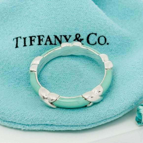 Size 9.5 Tiffany Signature X Kiss Ring in Blue Enamel and Sterling Silver