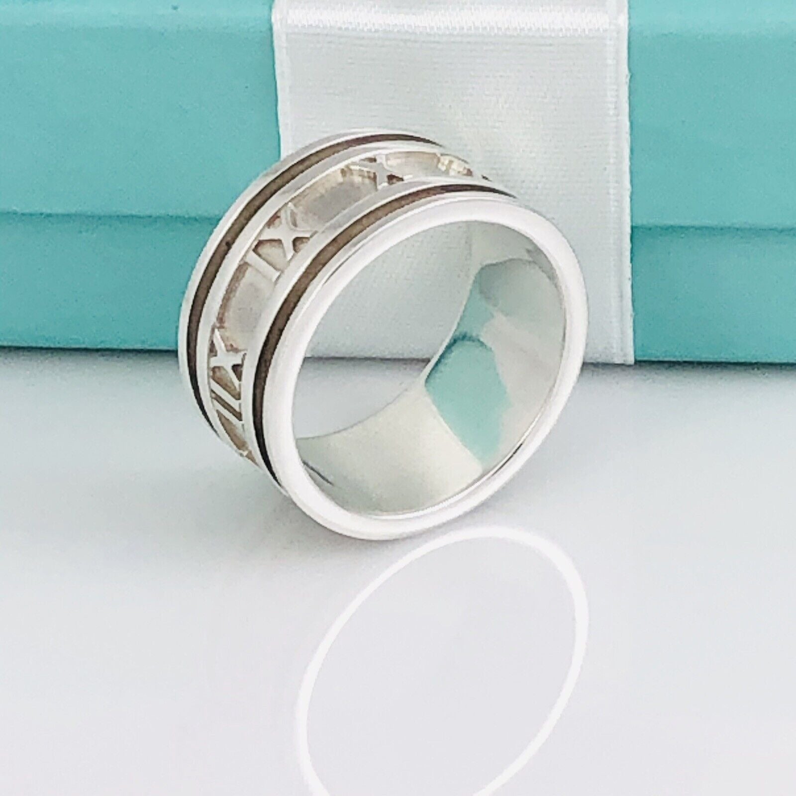 Vintage Size 8 Tiffany Atlas Ring Wide Band Roman Numerals in Sterling Silver