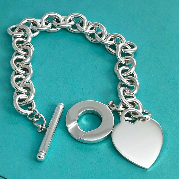 8.5" Tiffany & Co Blank Heart Tag Toggle Charm Bracelet GENUINE in Silver - 9