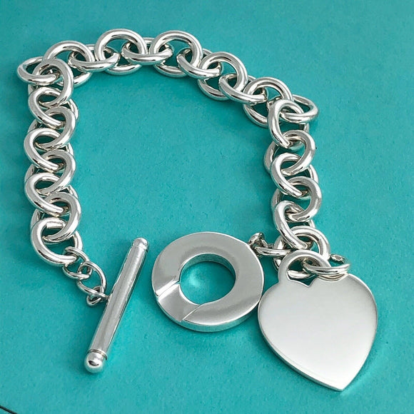 8.5" Tiffany & Co Blank Heart Tag Toggle Charm Bracelet GENUINE in Silver