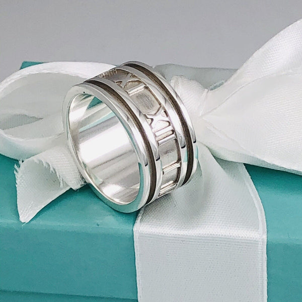 Size 5.5 Tiffany & Co Silver Atlas Ring Unisex Wide Band Roman Numerals - 3