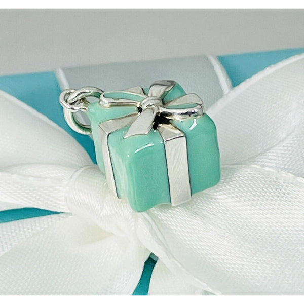 Tiffany Gift Box with Ribbon Charm in Blue Enamel and Silver - 1