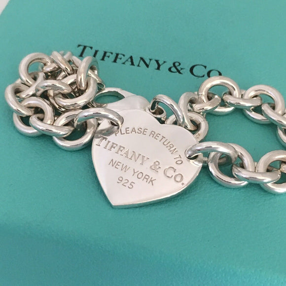 8.5" Large Please Return To Tiffany & Co Center Heart Charm Bracelet in Silver