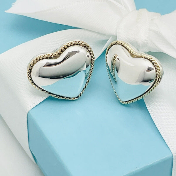 Tiffany & Co Vintage  Puffed Heart Clip on Earrings Twist Gold Rope Edge - 1