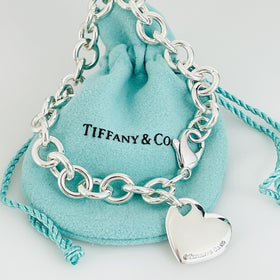 8" Tiffany & Co Puffed Puff Double Cutout Heart Tag Charm Bracelet in Silver