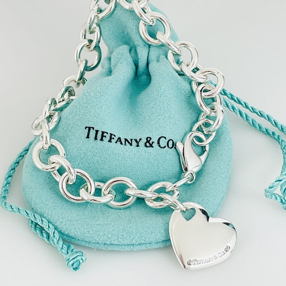 8" Tiffany & Co Puffed Puff Double Cutout Heart Tag Charm Bracelet in Silver