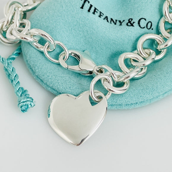 8" Tiffany & Co Puffed Puff Double Cutout Heart Tag Charm Bracelet in Silver