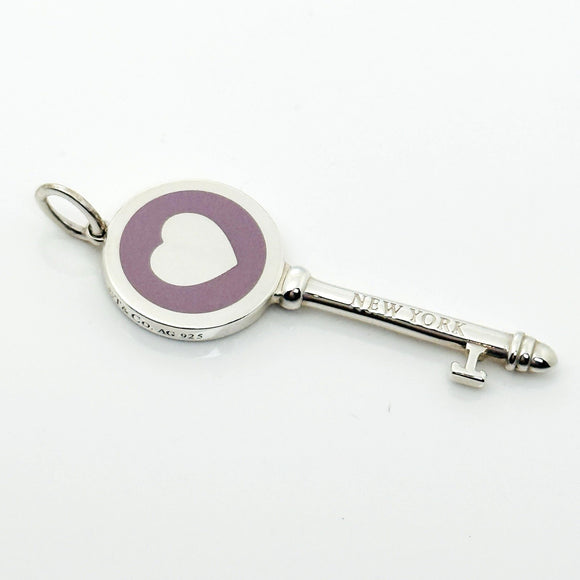 Tiffany & Co Purple Mauve Enamel Heart Key Pendant in Sterling Silver
