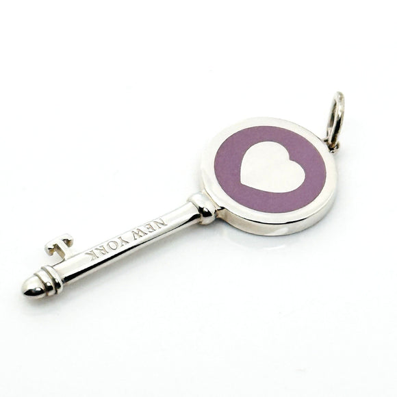 Tiffany & Co Purple Mauve Enamel Heart Key Pendant in Sterling Silver