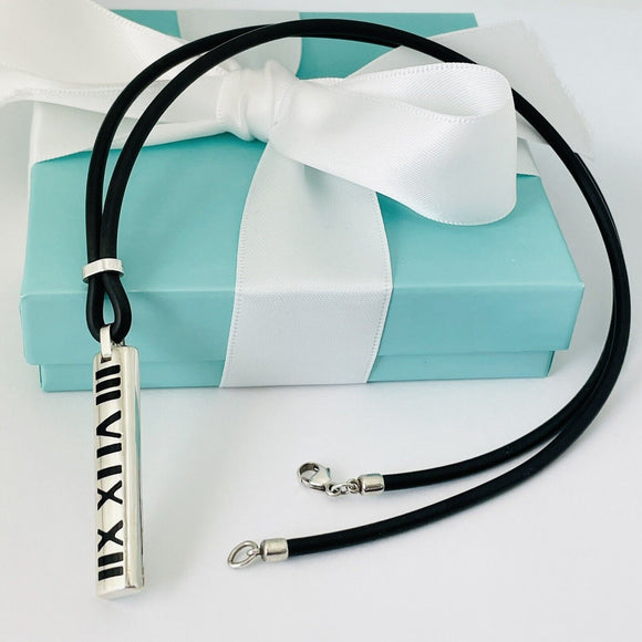 Tiffany 16” Atlas Necklace Bar Pendant in Black Enamel, Silver, Rubber Cord