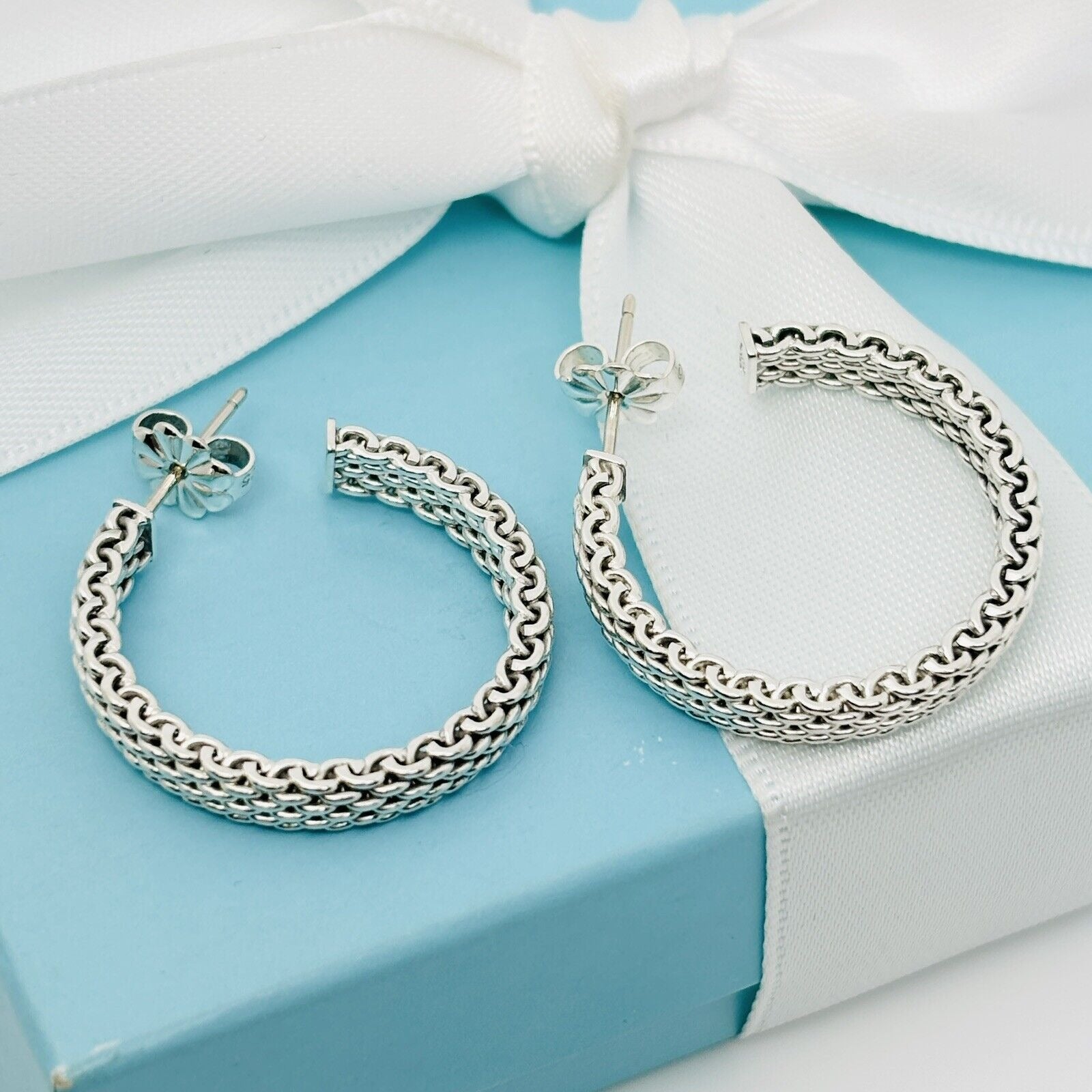 Tiffany & Co 1.2" Large Somerset Mesh Hoop Huggie Earrings in Sterling Silver